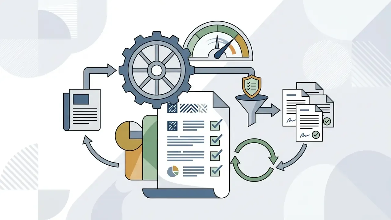 Gear and gauge mechanism processing documents into a checklist and validated output files