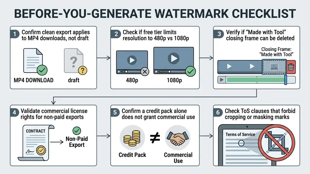 Six-step checklist for evaluating watermark policies and usage rights in a free AI video generator 2025