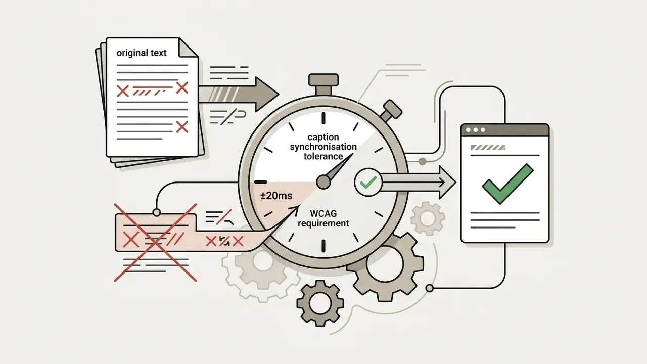 Corrected text feeding into a stopwatch icon that highlights synchronization tolerance and requirements