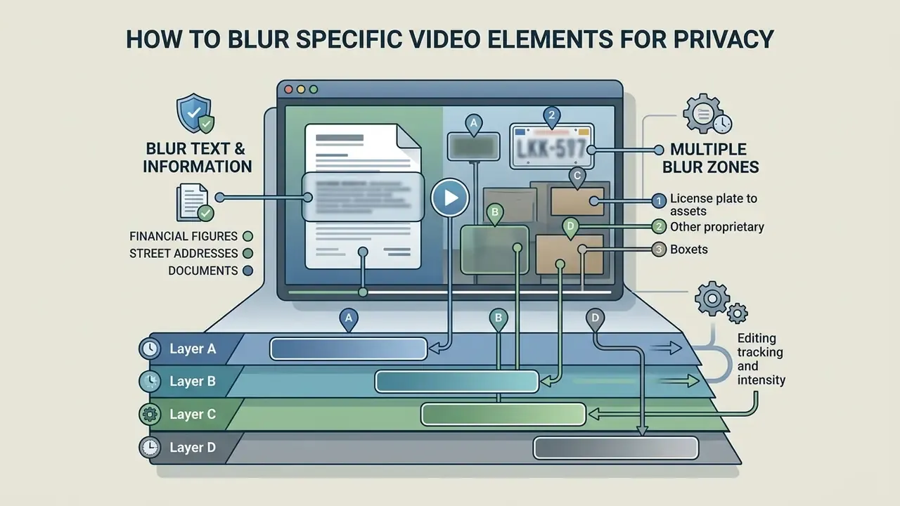 Diagram showing how to apply multiple privacy blur layers to specific video elements like text and assets