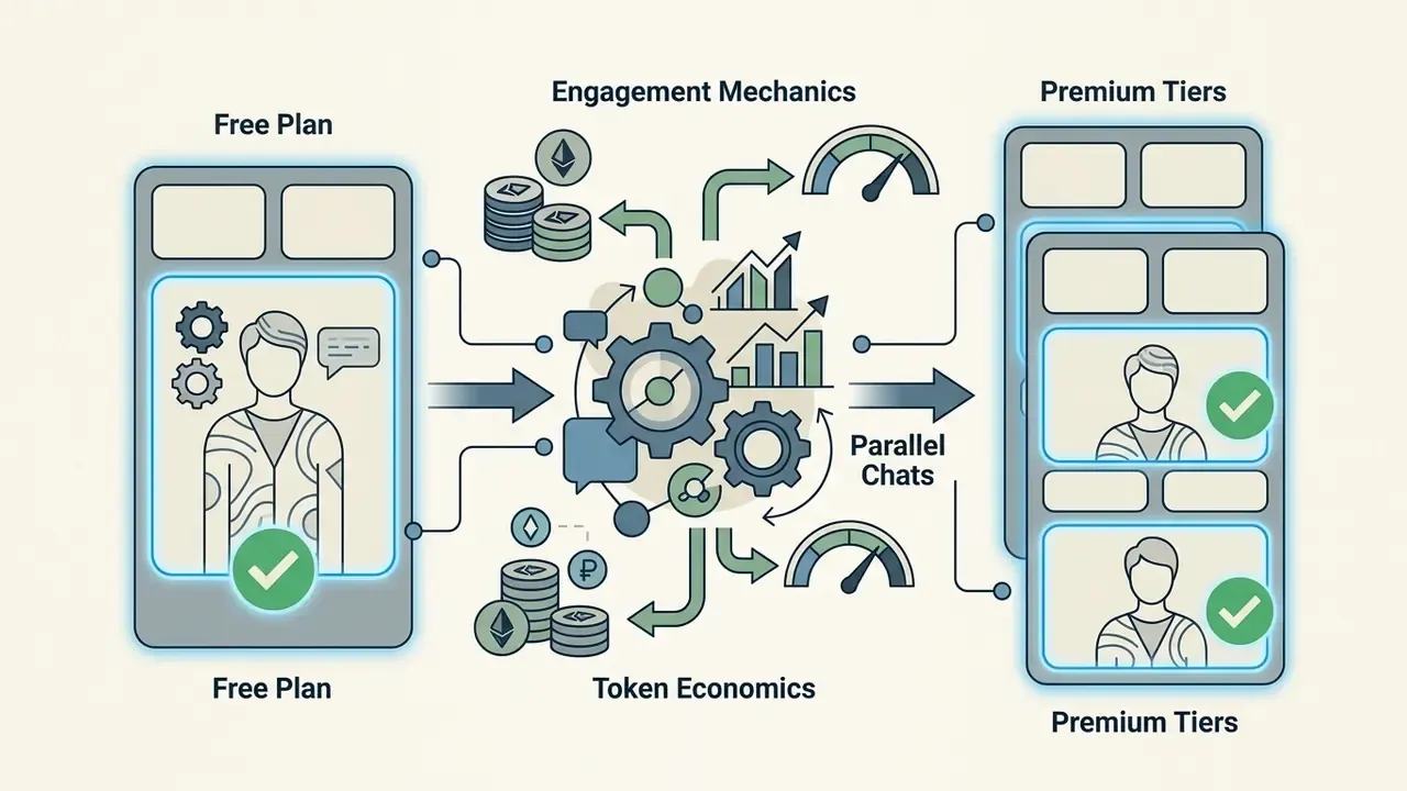 Tokens and engagement metrics feeding into a central engine to unlock multiple concurrent chat slots