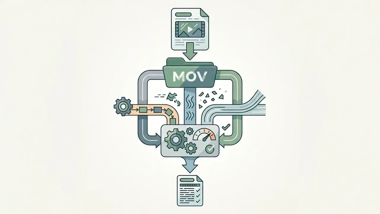MOV file being processed through a mechanical system of gears and pipes to output a compressed video file