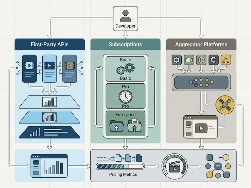 Diagram comparing pricing structures for developer access to first-party APIs, subscriptions, and aggregators