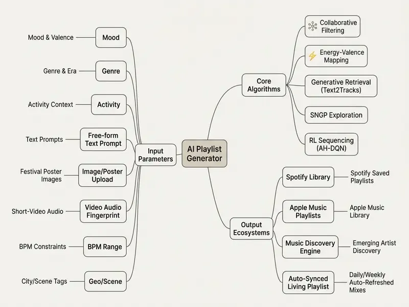Mind map showing input parameters, core algorithms, and output ecosystems for an AI playlist generator