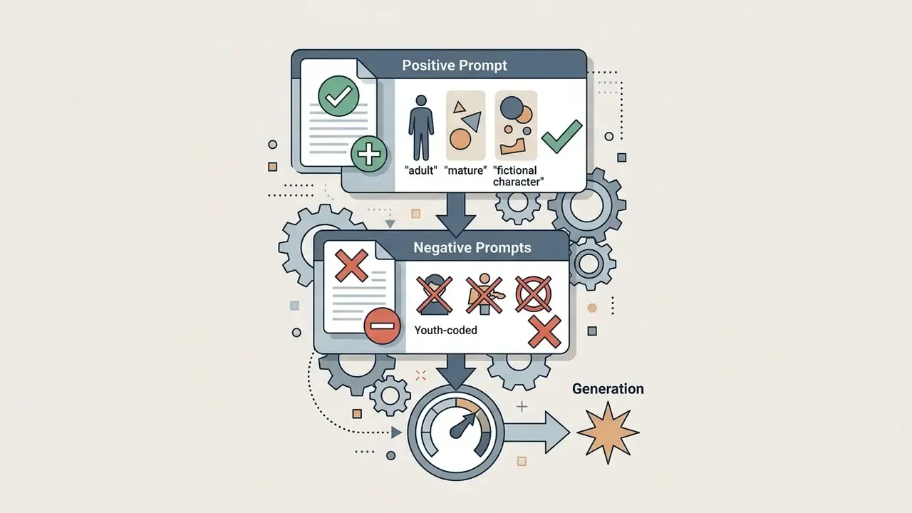 Flowchart showing positive and negative prompt boxes feeding into a gauge for image generation