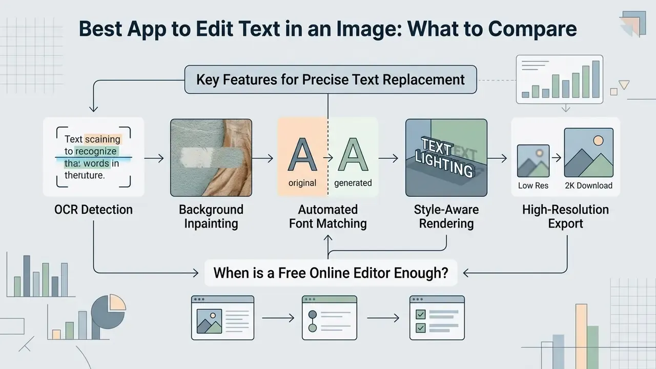 Infographic showing the workflow for text replacement in images through OCR, inpainting, and rendering