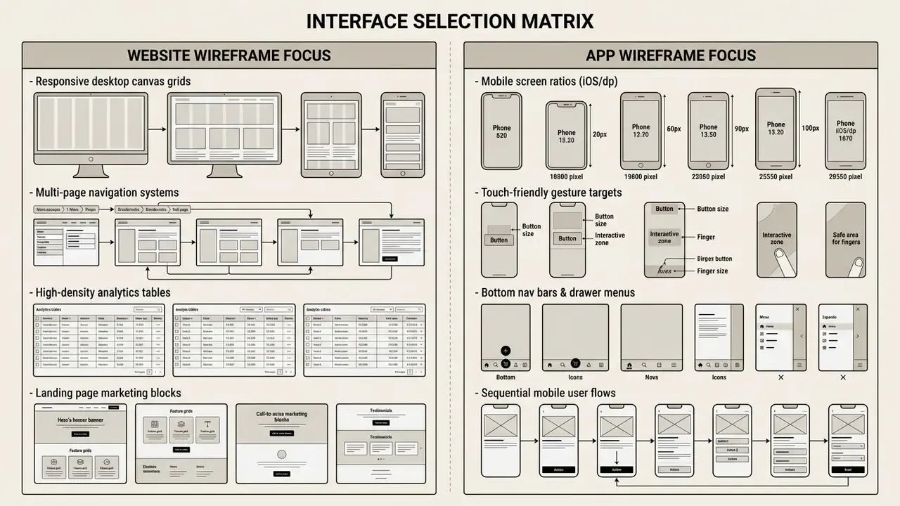 Comparison matrix showing website layout grids and navigation alongside mobile app screen flow patterns