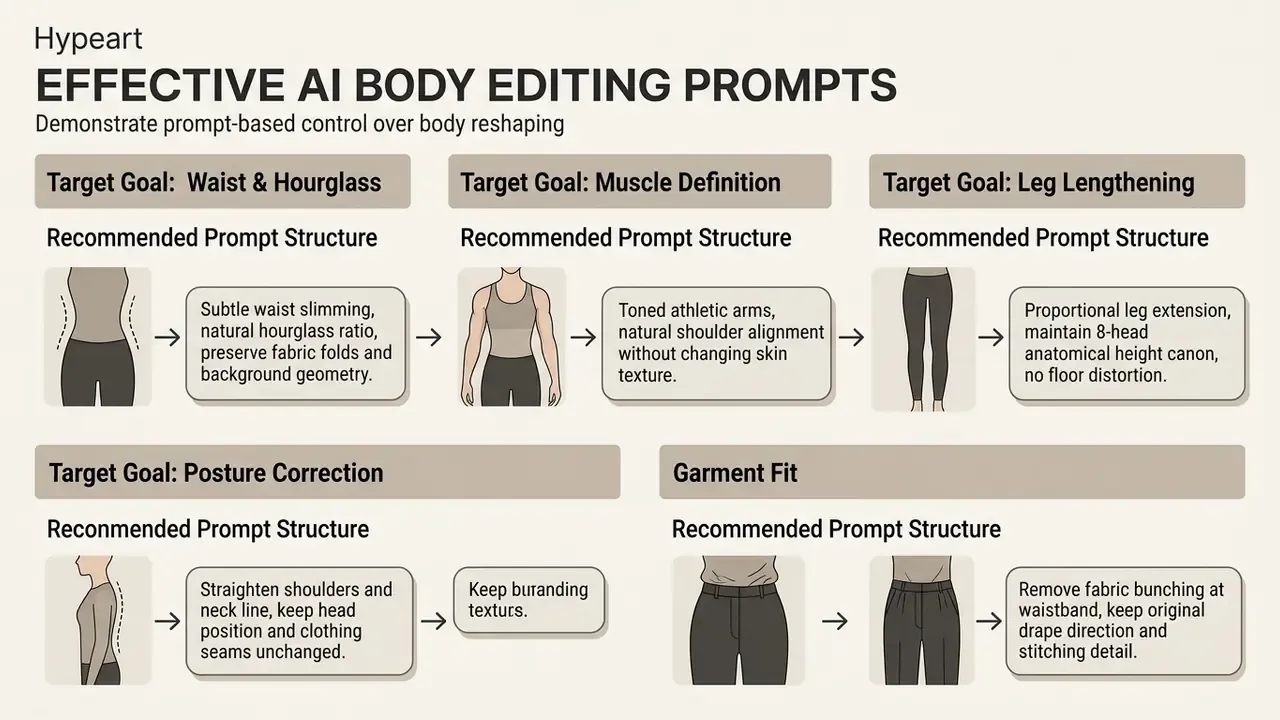 Structured guide detailing AI prompt examples for body reshaping tasks like waist and posture adjustment