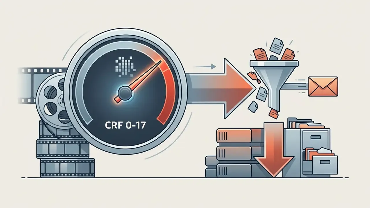 Speedometer gauge labeled CRF 0-17 directing video data through a funnel into storage cabinets