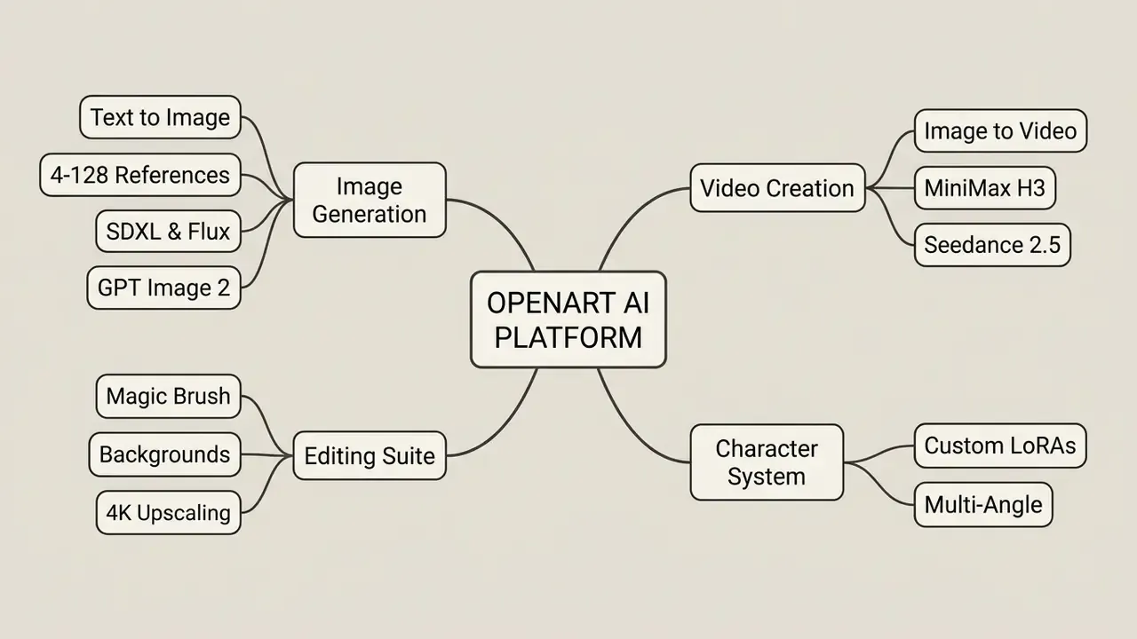 Mind map diagram showing the core features and creative capabilities of the OpenArt AI platform