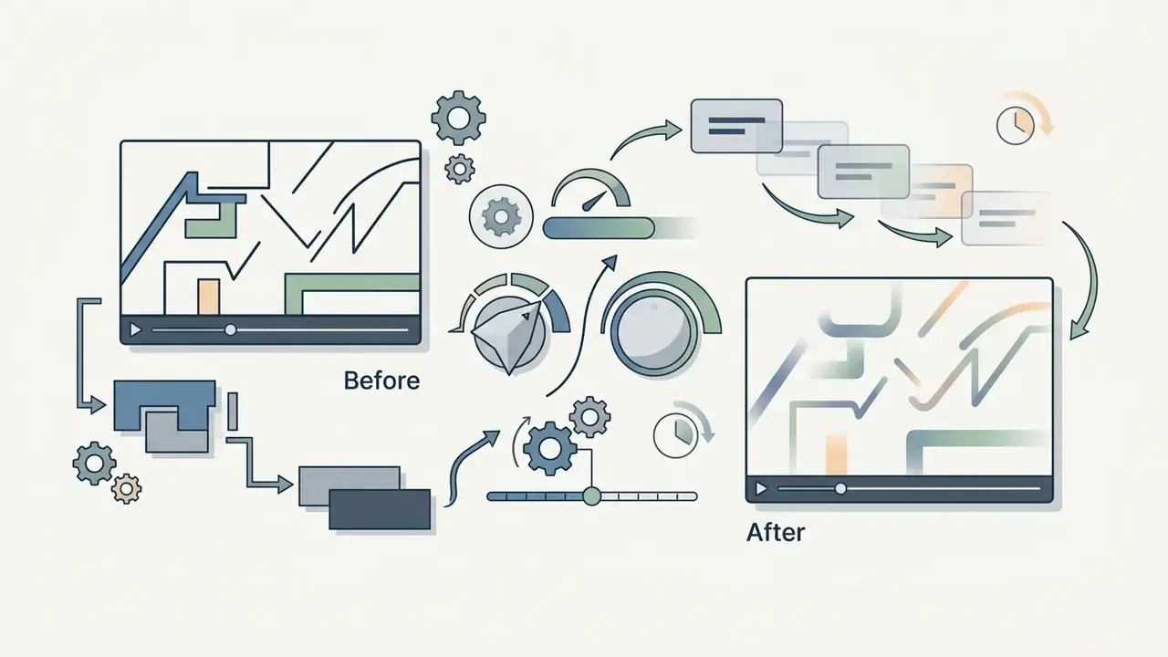 Video player frames connected by gears and dials showing a transition from sharp lines to soft fades