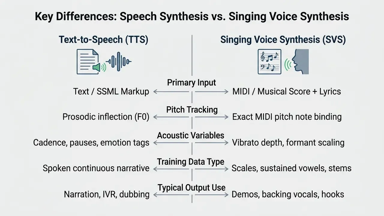 Comparison table contrasting technical inputs and outputs for speech synthesis versus singing voice synthesis