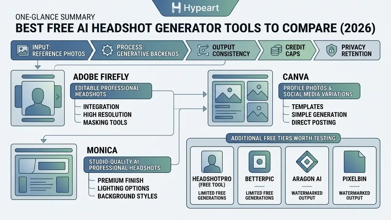 Infographic comparing features and free tiers of various AI headshot generator platforms