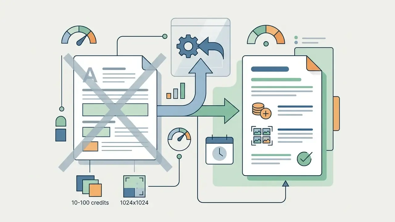 Document with a cross mark transitioning into a verified plan document with credit and resolution icons