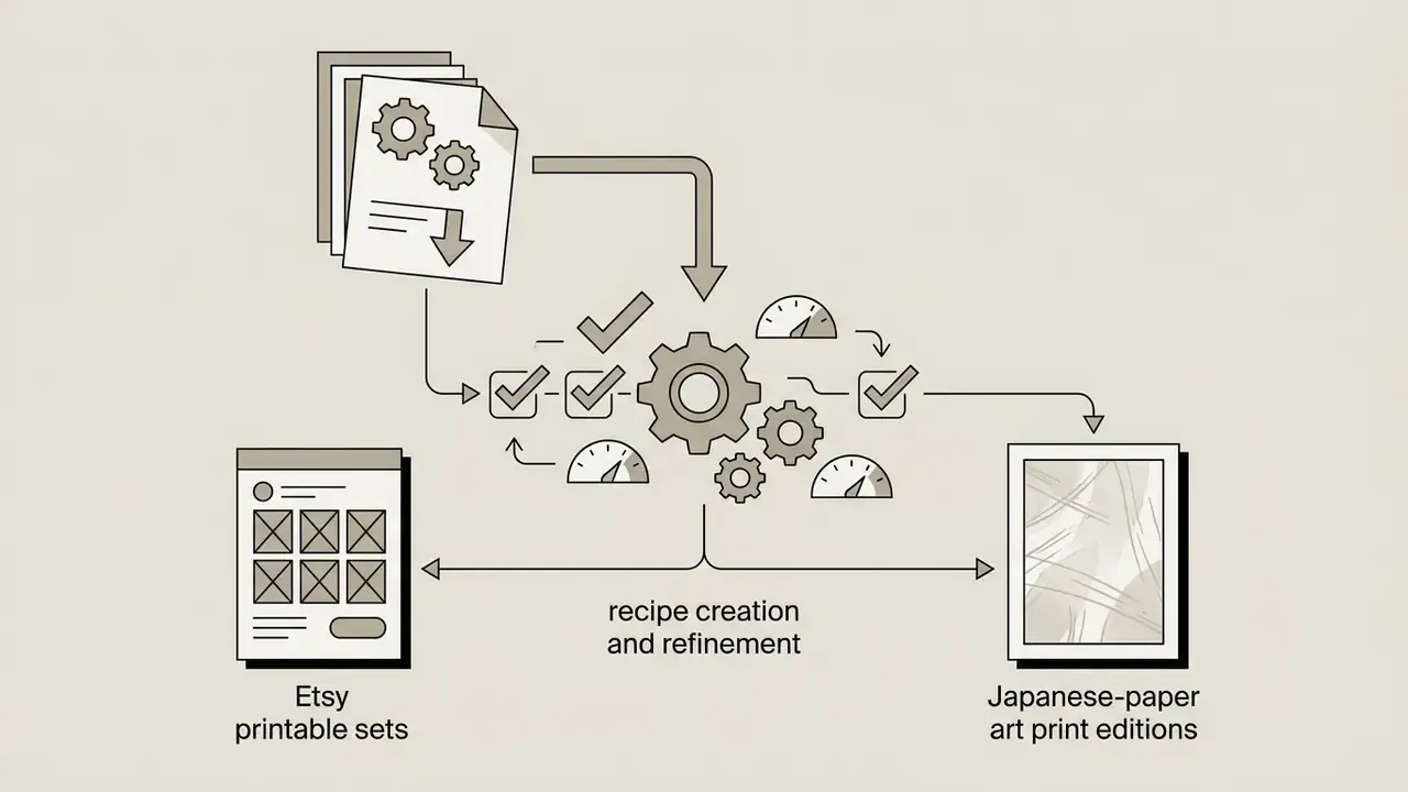 Documents feeding into a gear system that outputs to Etsy printable sets and Japanese-paper art prints