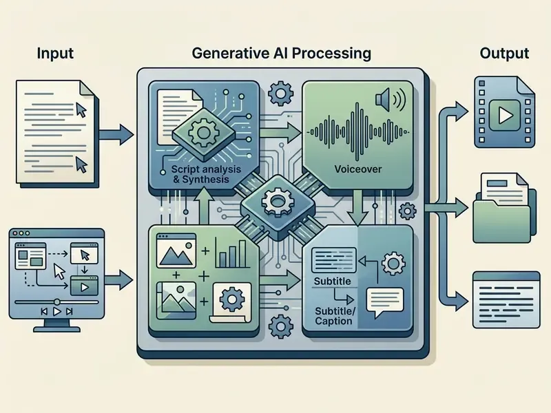 Flowchart showing text and screen inputs processed by AI into video, document, and subtitle outputs