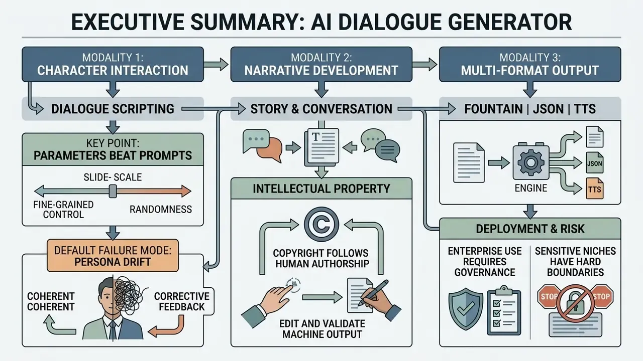 Flowchart outlining AI dialogue generator modalities including character interaction and narrative output