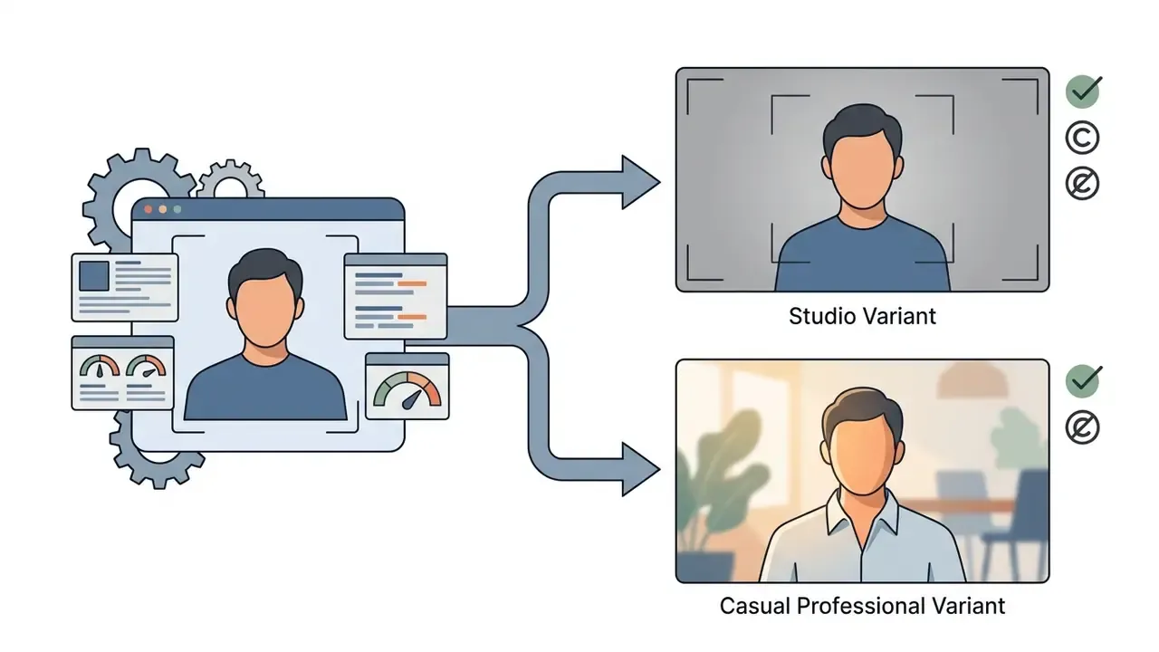 Central portrait processor branching into a formal studio style and a casual office environment variant