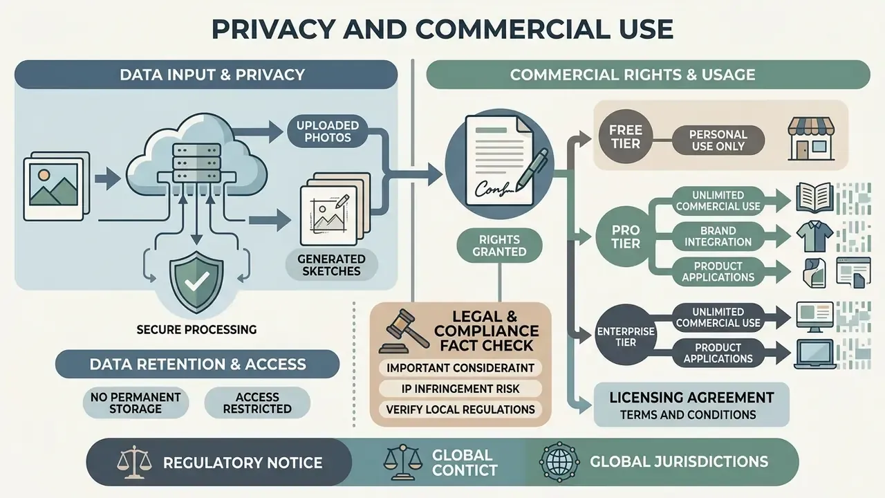 Summary of data privacy, commercial usage rights, and legal compliance for generated image assets