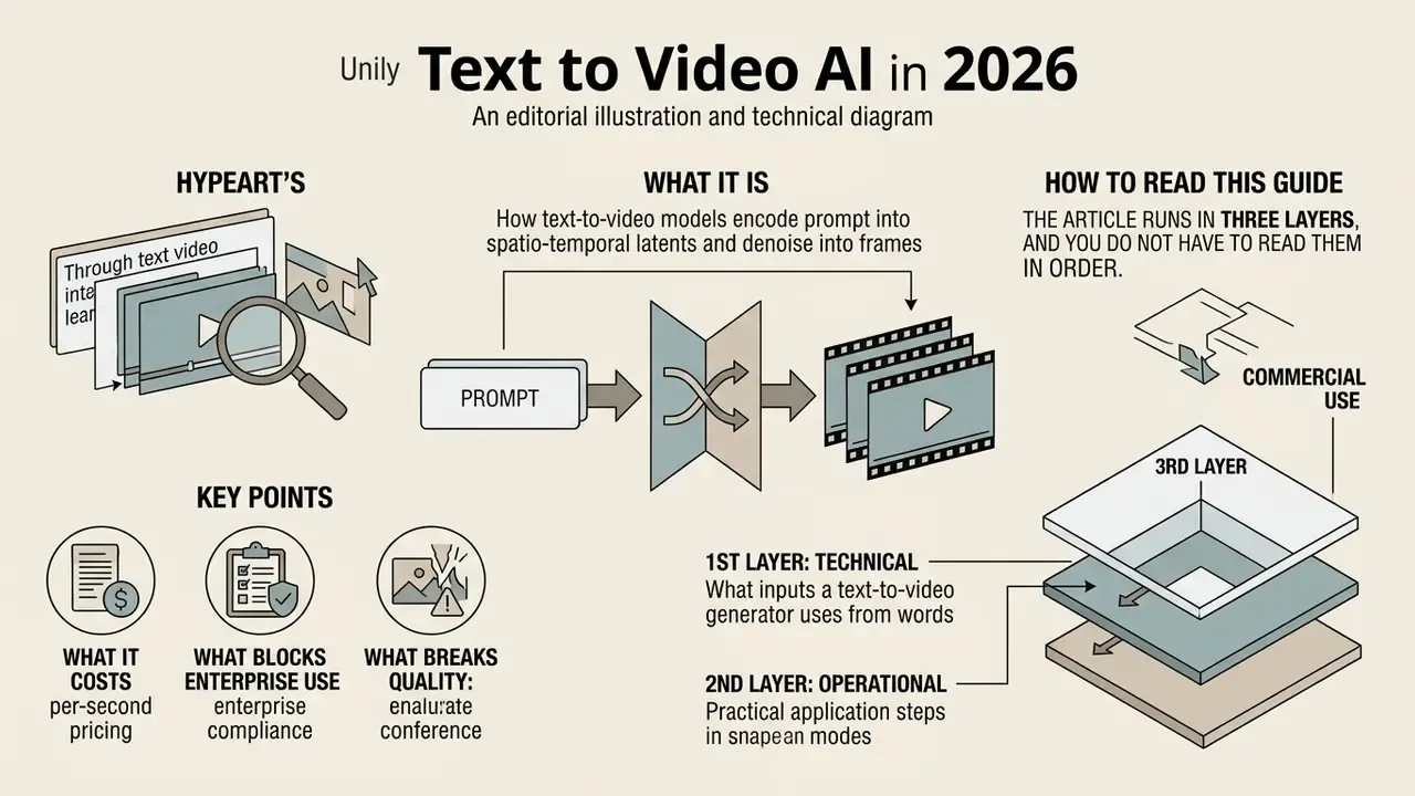 Infographic explaining how Text to Video AI models process prompts into video frames and guide structure