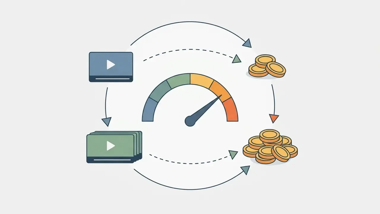 Circular process showing video clips of different lengths being converted into varying amounts of gold coins