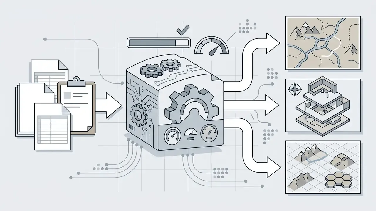 Data files and spreadsheets feeding into a processing unit that outputs various stylized map designs