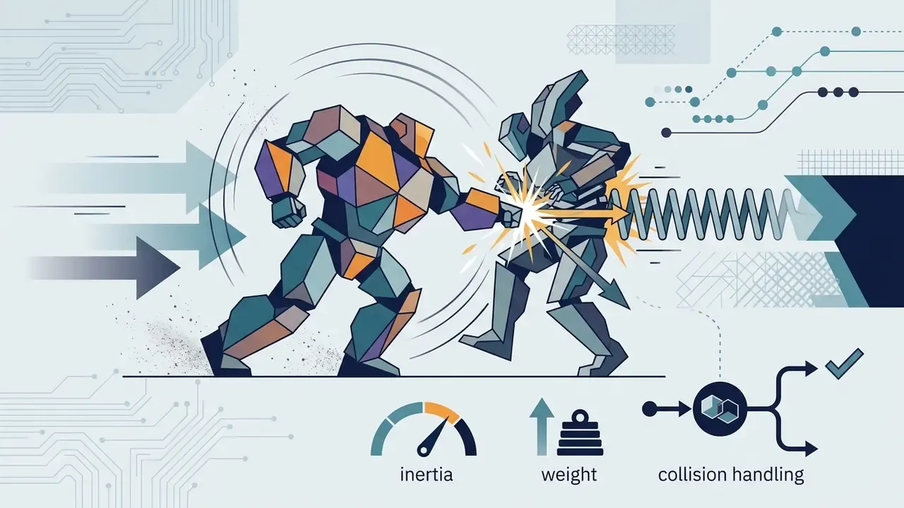 Geometric robots clashing with impact symbols and physics icons for inertia, weight, and collision handling