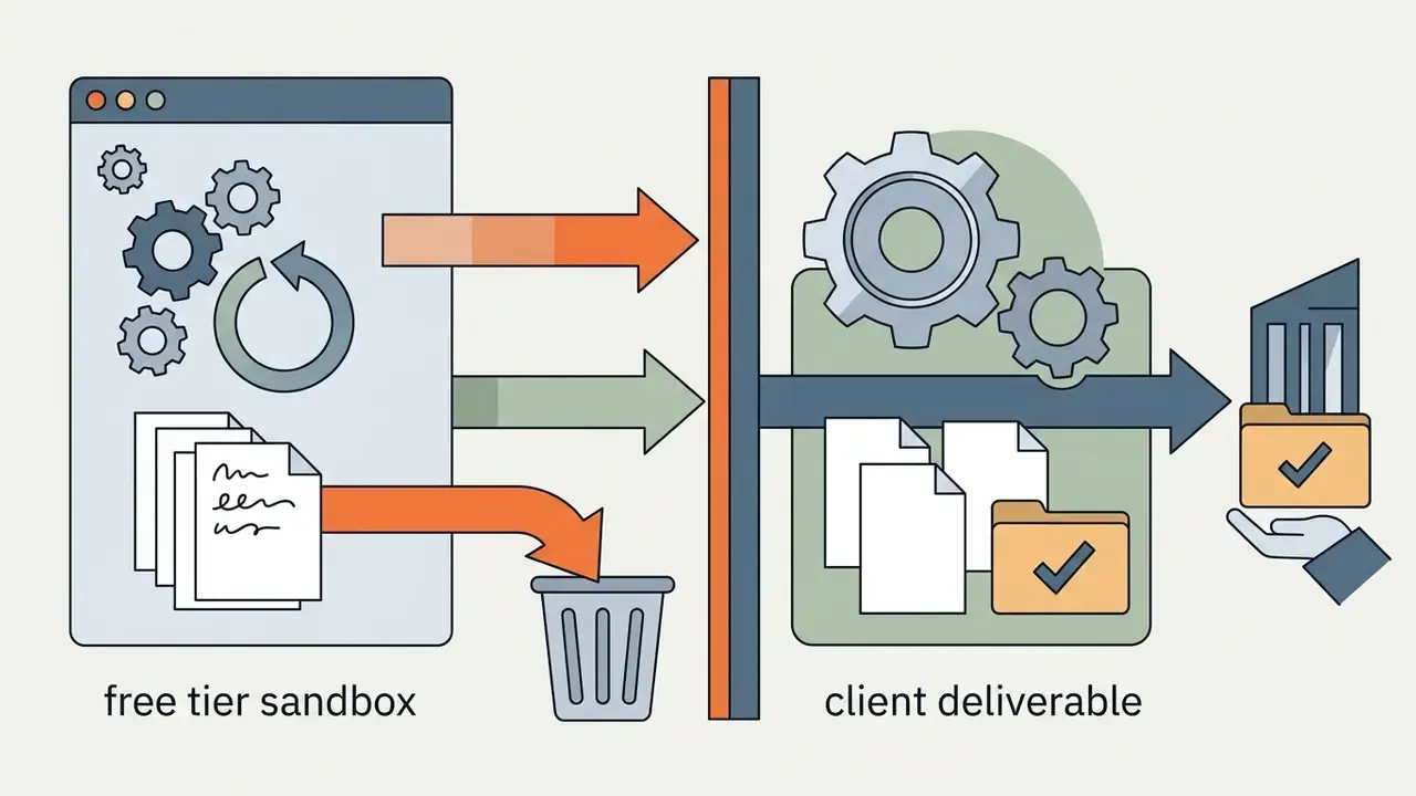Separation between a free tier sandbox for practice and a professional workflow for client deliverables