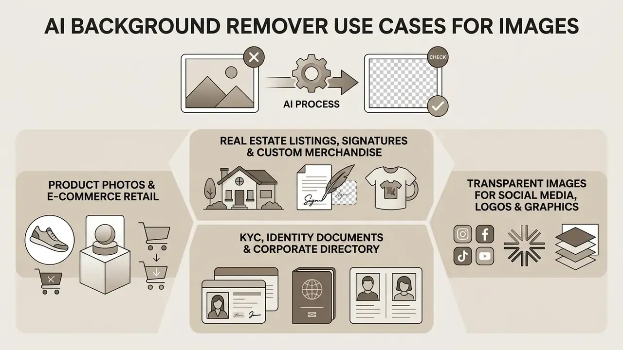 Summary of commercial use cases for AI background removal across retail, identity, and digital media