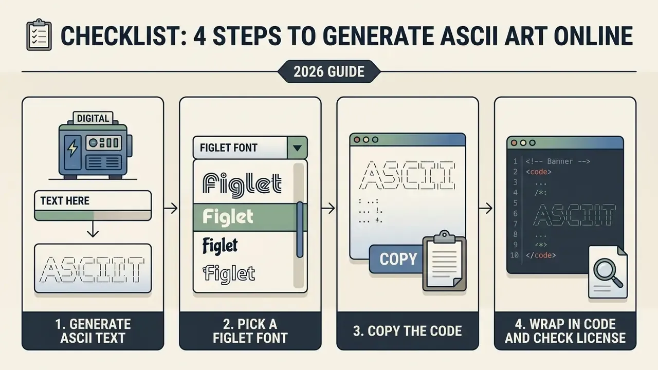 Sequential steps for using an ASCII art text generator to create, style, copy, and format code snippets