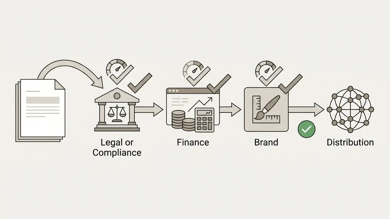 Workflow showing document approval stages for legal, finance, and brand teams leading to final distribution