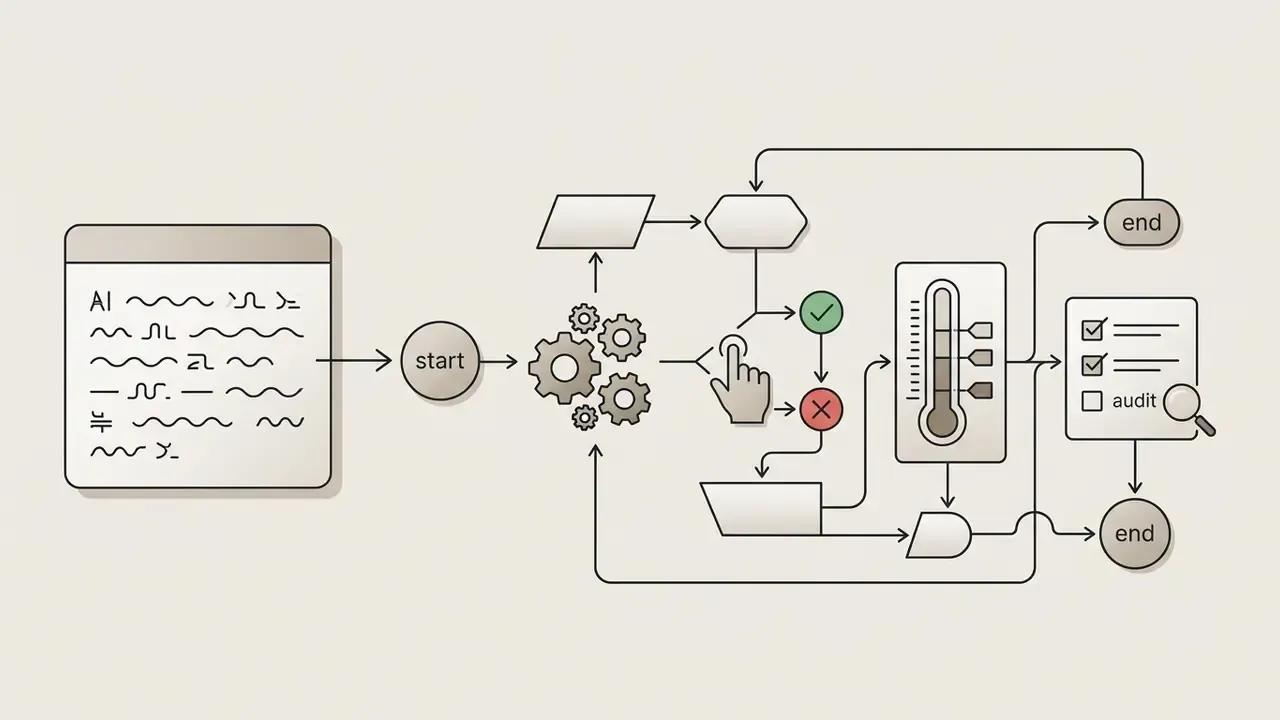 Workflow diagram showing a start node, processing gears, manual decision points, and final audit completion