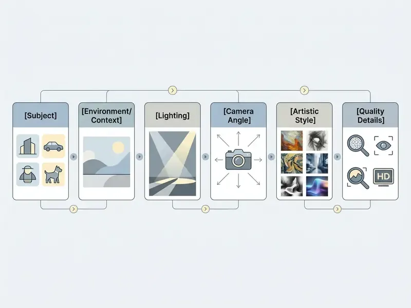 Linear process diagram breaking down prompt components into subject, environment, lighting, angle, style, and quality