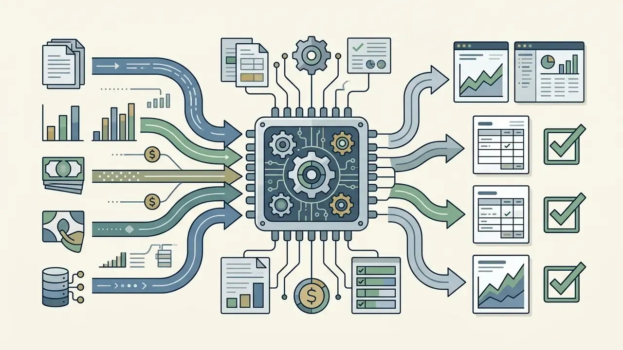 Central processor with gears converting diverse data inputs into structured reports and verified lists