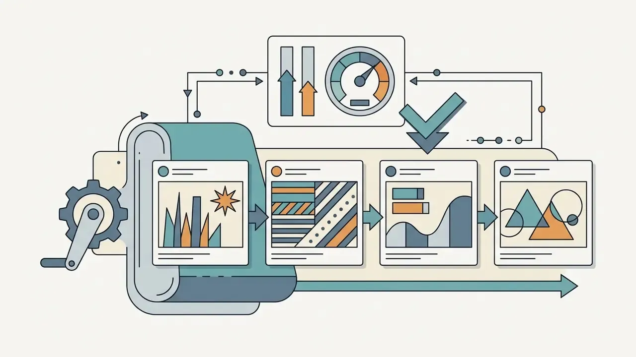 Mechanical assembly line producing a sequence of social media posts with varied graphic designs