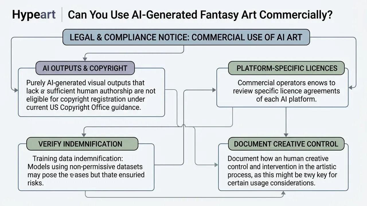 Flowchart outlining legal and compliance requirements for the commercial use of generated digital images