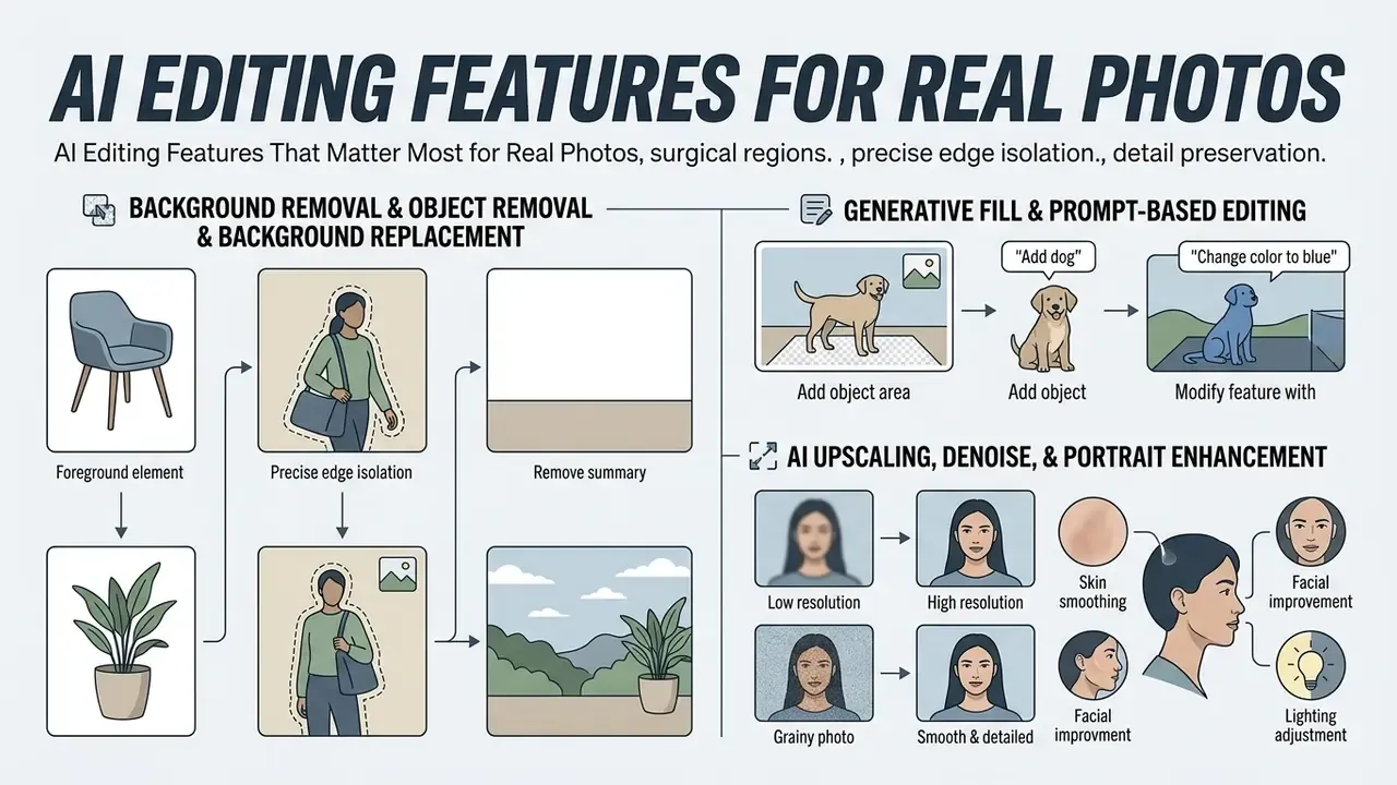 Infographic illustrating AI tools for background removal, generative fill, and image enhancement techniques