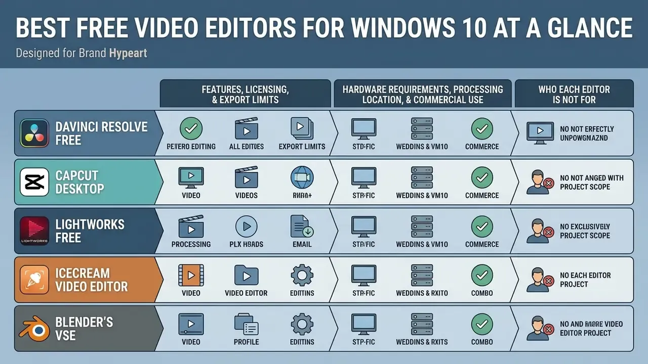 Comparison table displaying features, hardware requirements, and limitations for five video editors