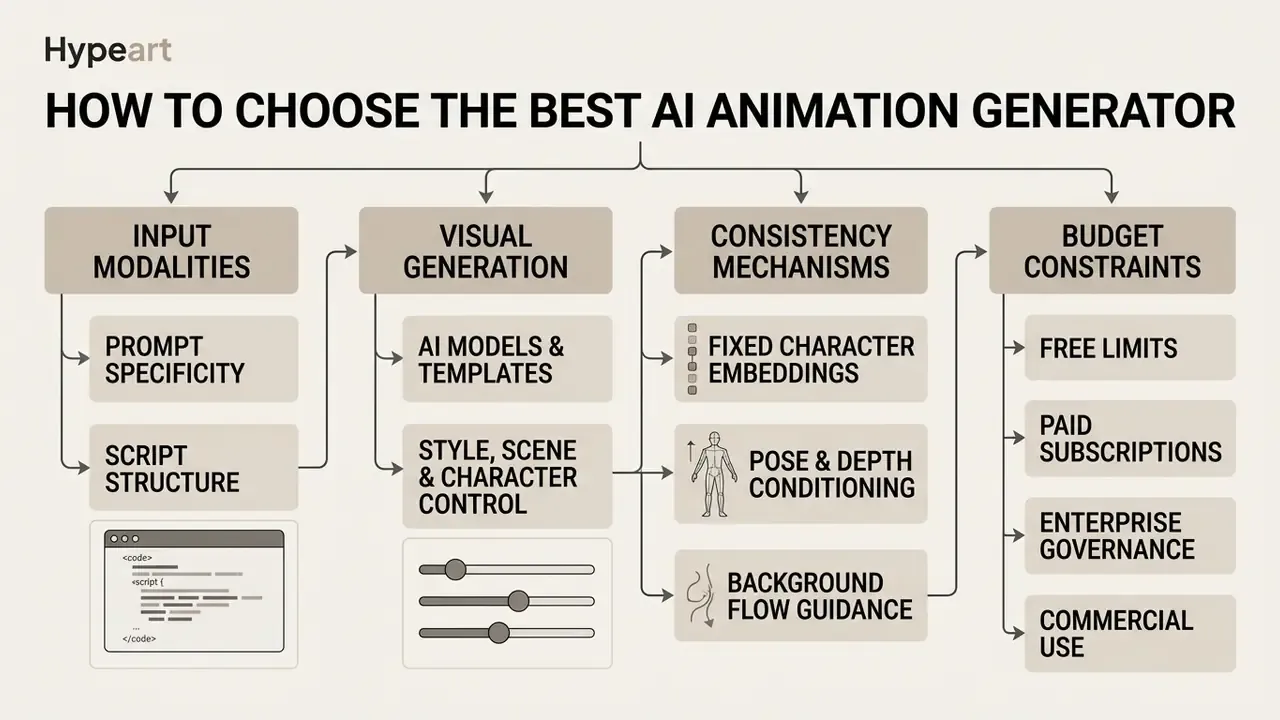 Hierarchical diagram outlining criteria for selecting a text to animation AI tool
