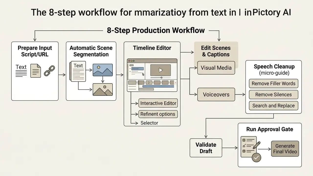 Linear diagram detailing the eight stages of video creation in Pictory AI from script input to final export