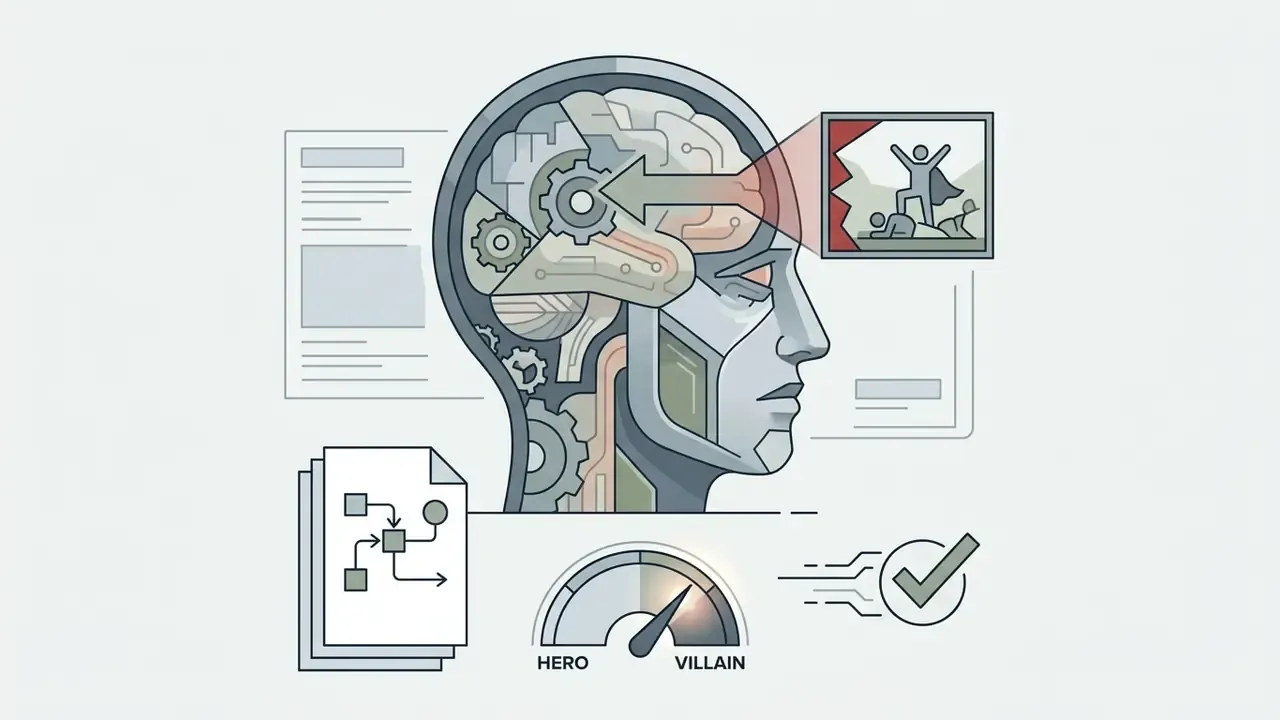 Mechanical head silhouette processing a hero victory scene into a villain perspective via a gauge