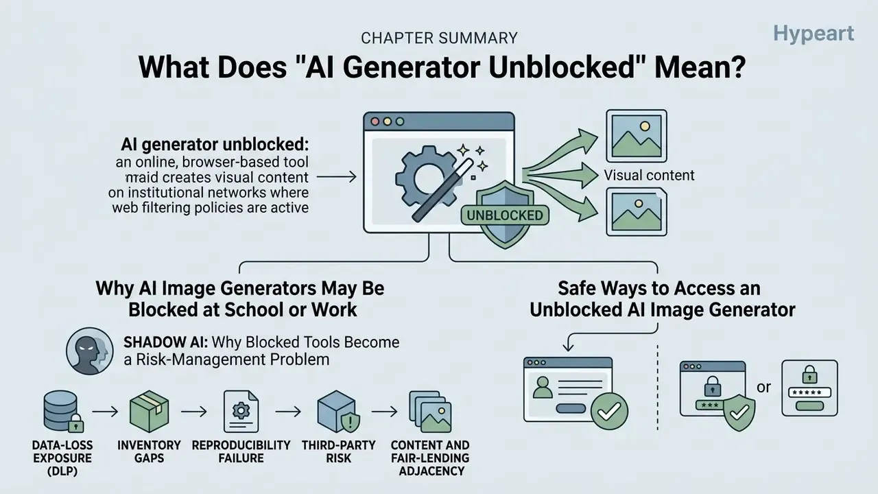 Diagram explaining how an AI generator unblocked tool creates images while highlighting potential risks