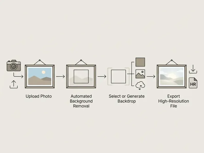 Four sequential stages showing how to upload, remove, replace, and export a photo background