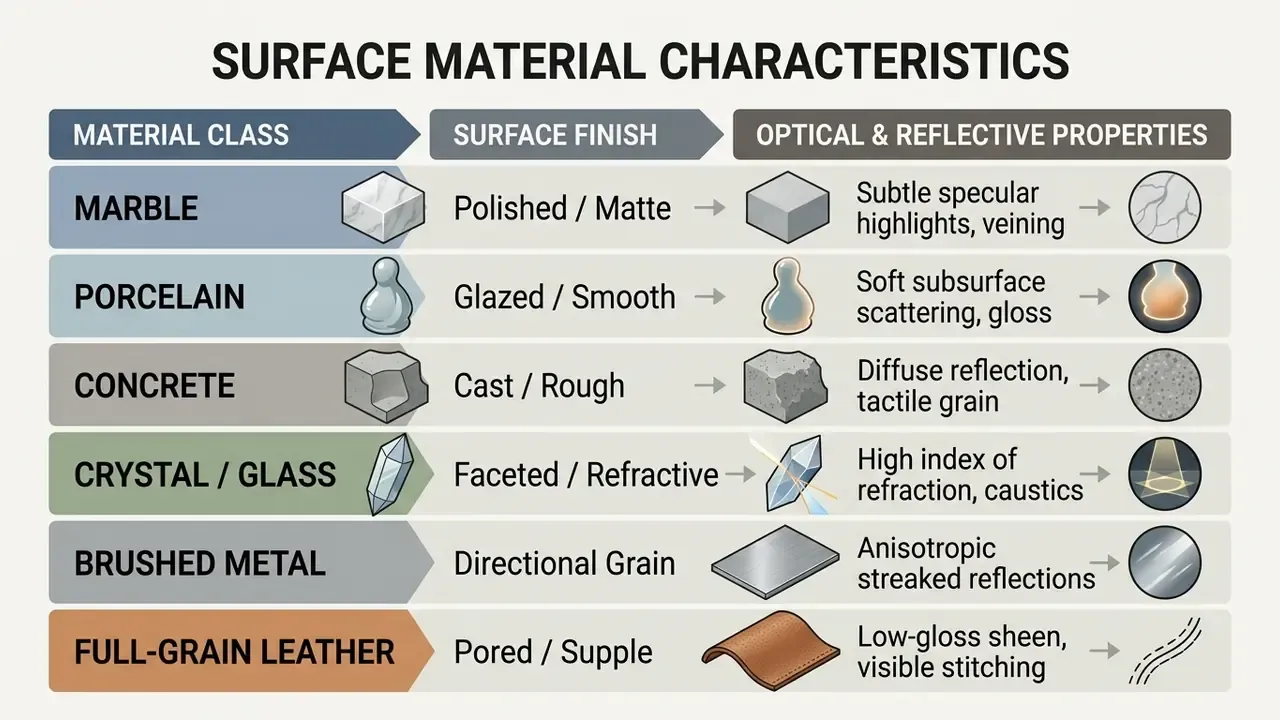 Matrix chart detailing material classes, surface finishes, and optical properties for AI art generator prompts
