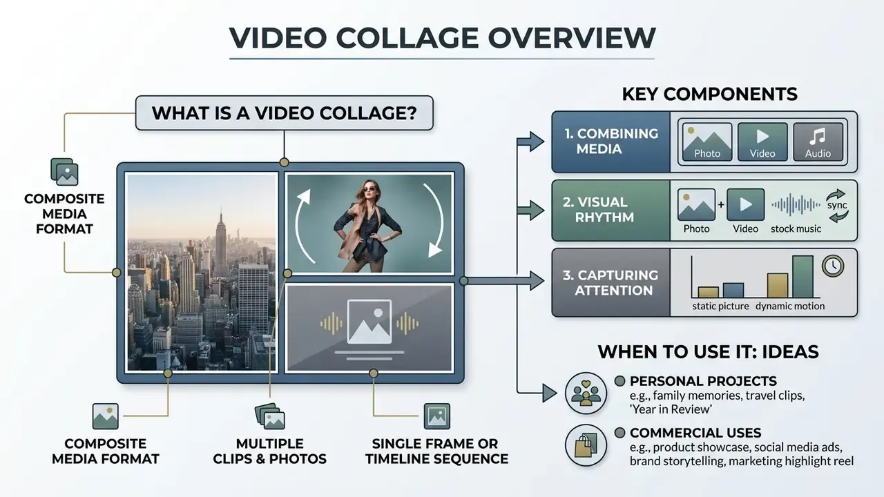 Infographic explaining video collage components and use cases for personal and commercial projects
