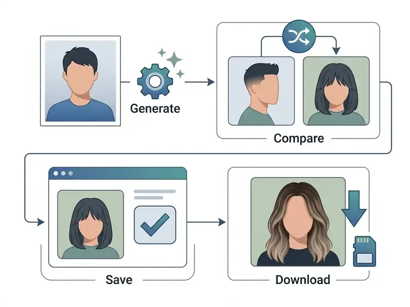 Sequence diagram showing portrait generation, side-by-side comparison, saving, and downloading files