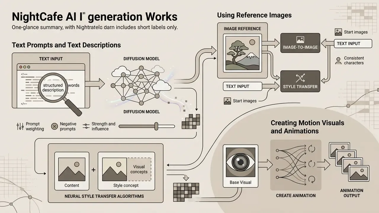 Flowchart showing how NightCafe AI converts text prompts and reference images into art and animations