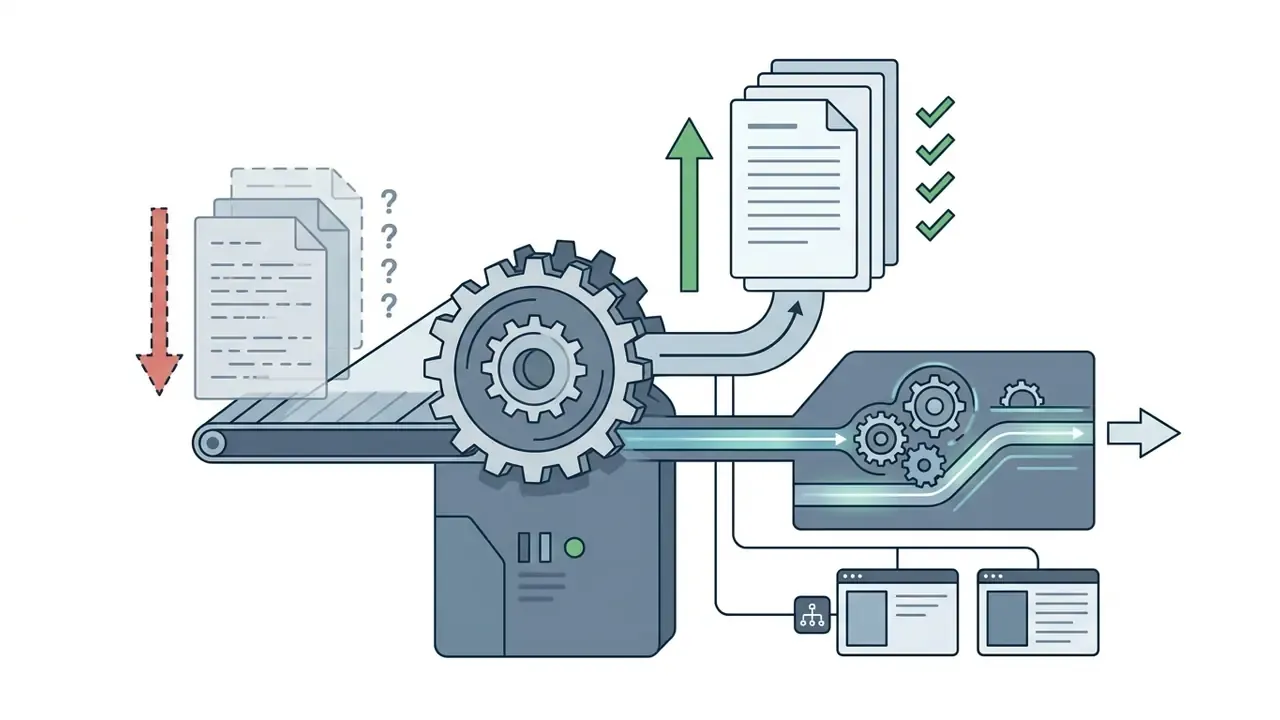 Outdated documents being processed through gears and logic to emerge as refined and approved digital output