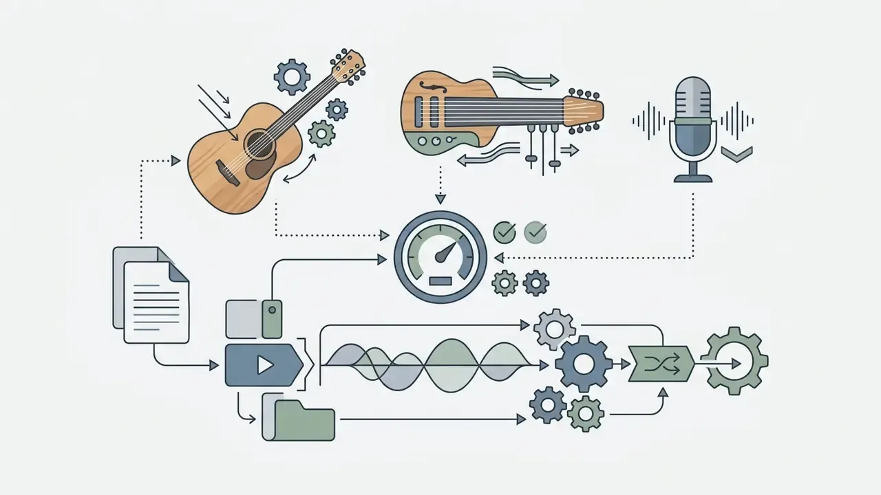 Acoustic guitar and pedal steel icons connecting to a central gauge, waveform, and mechanical gear system
