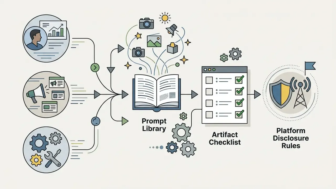 Icons representing roles feeding into a prompt library, artifact checklist, and platform disclosure rules